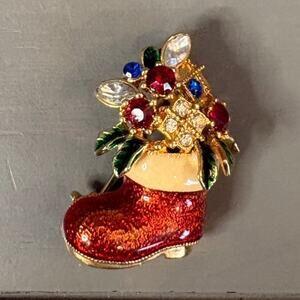 Vintage Rhinestone Christmas Boot Brooch